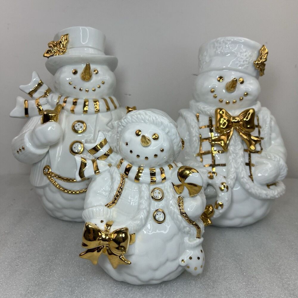 Vintage Traditions 3 Piece Porcelain Snowman Family White Gold Trim Xmas Decor